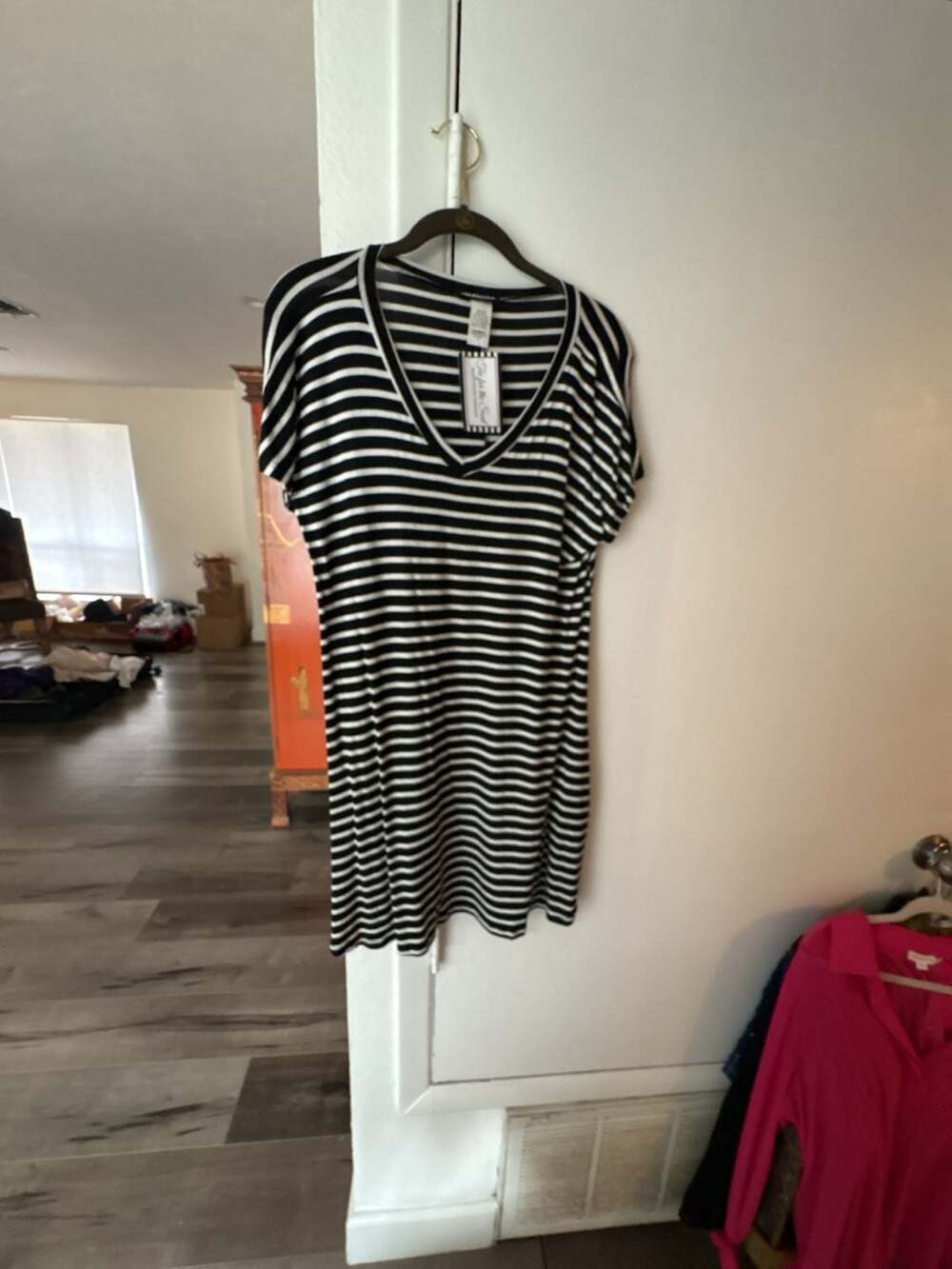 Heimish USA The Party Continues Black and Ivory Striped V-Neck Dress